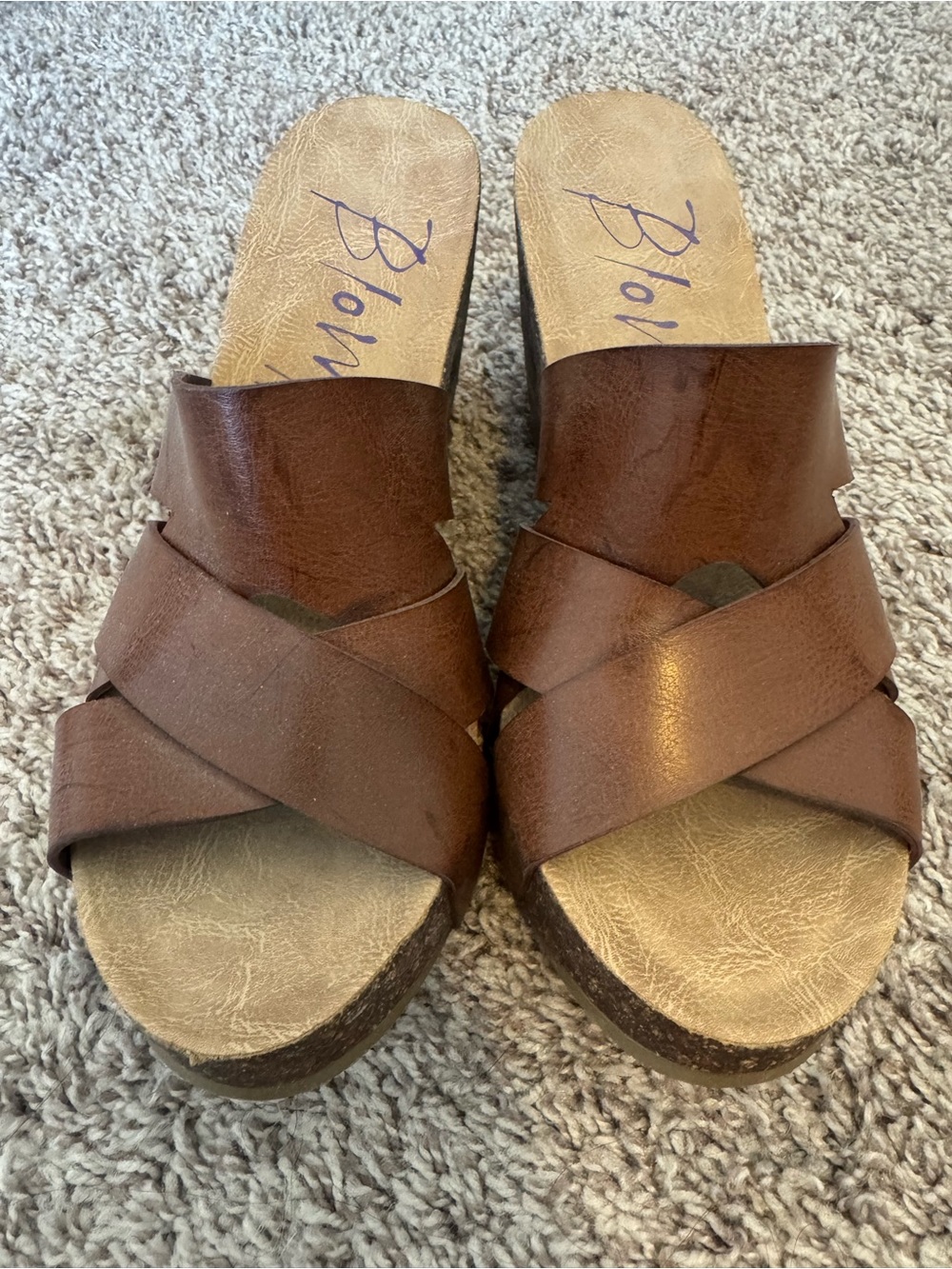 Brown Leather Crossover Wedge Slides - Picture 2 of 3